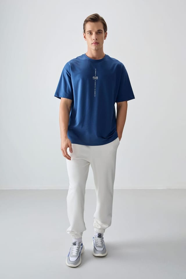 Tommy Life Tommy Life Men's Oversized Printed Crew Neck T-Shirt in Mid Blue - 3