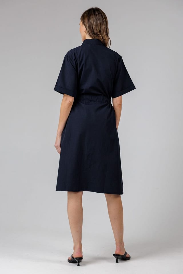French Connection French Connection Women's Cotton Blend Short Sleeve Tie Waist Poplin Midi Shirt Dress in Navy - 2
