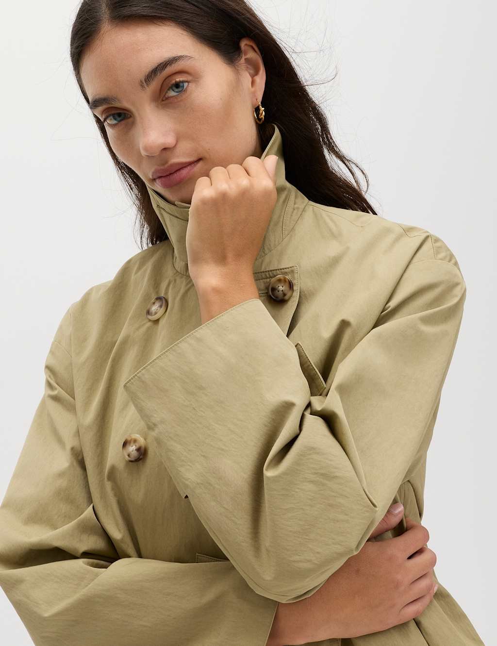 Marks & Spencer M&S Cotton Rich Double Breasted Short Trench Coat Green - 2