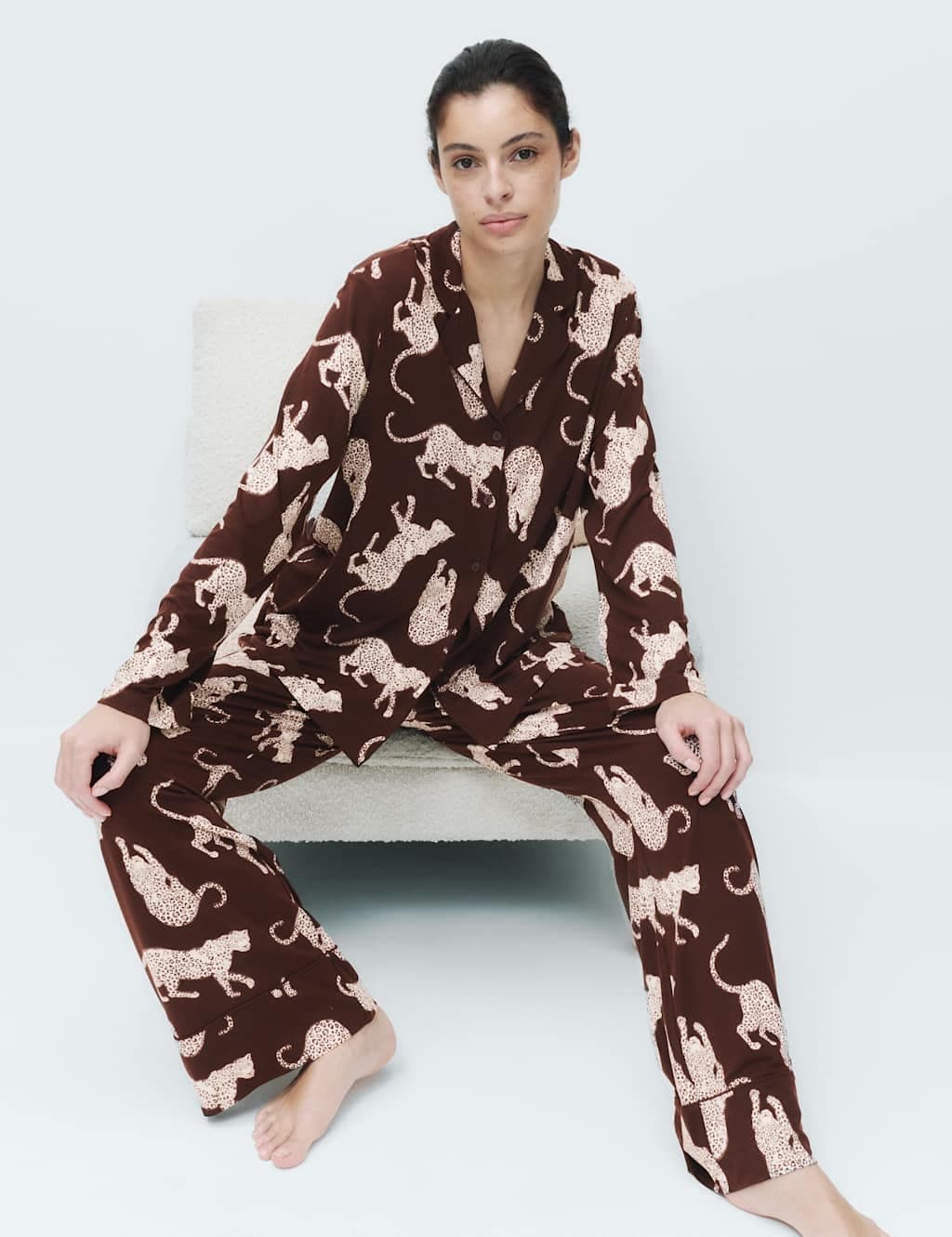 Marks & Spencer M&S Soft Touch Patterned Pyjama Set Brown Mix