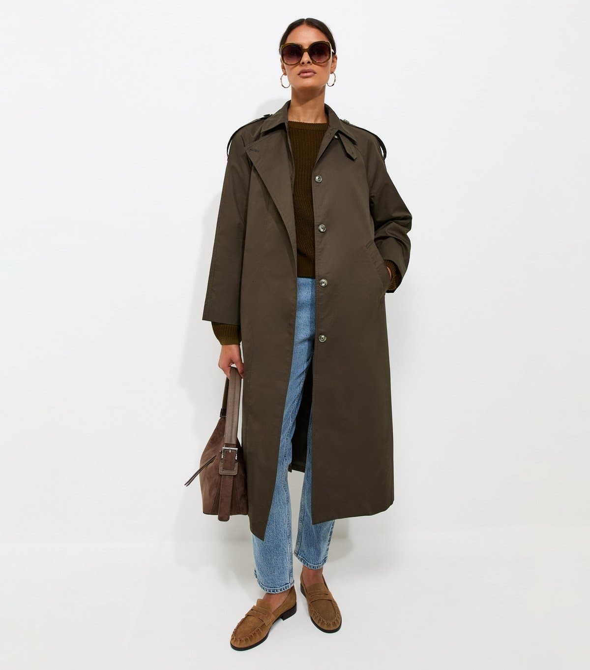 New Look Women's Dark Khaki Cotton Belted Trench Coat New Look