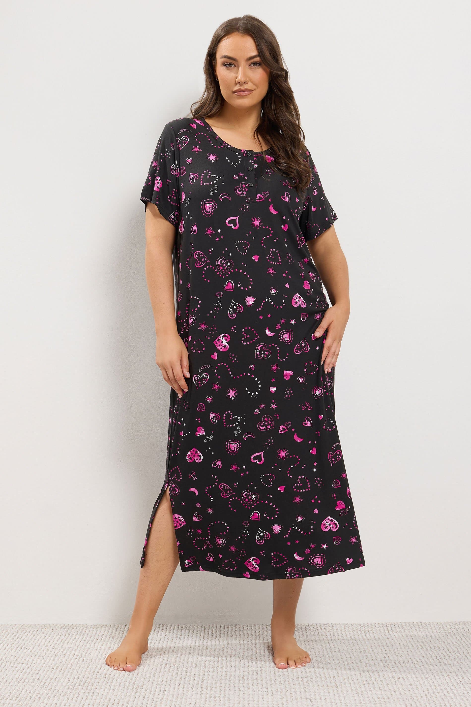 Yours Plus Size Black Heart Soft Touch Placket Midaxi Nightdress
