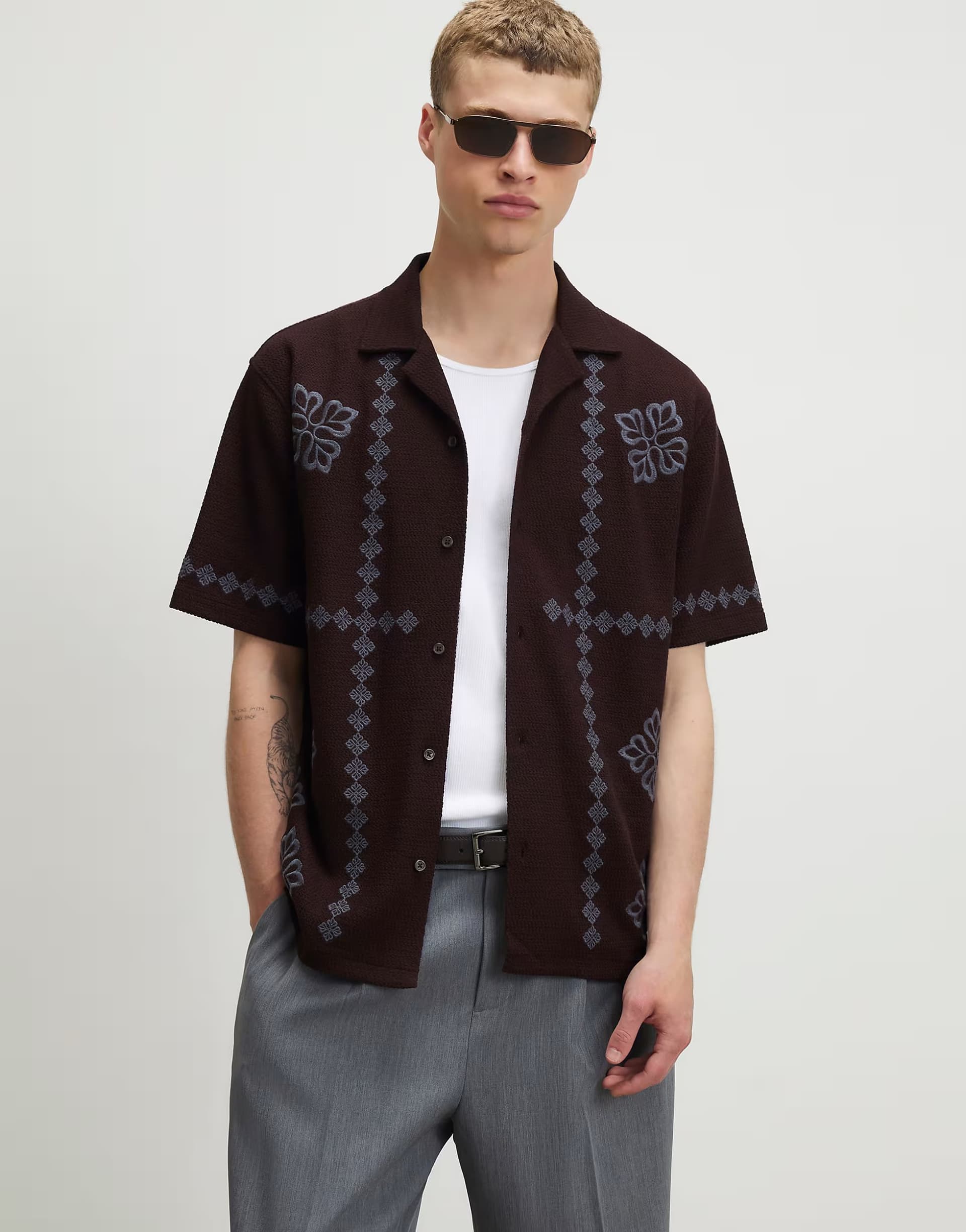 ASOS River Island Regular fit flower embroideshirt in brown