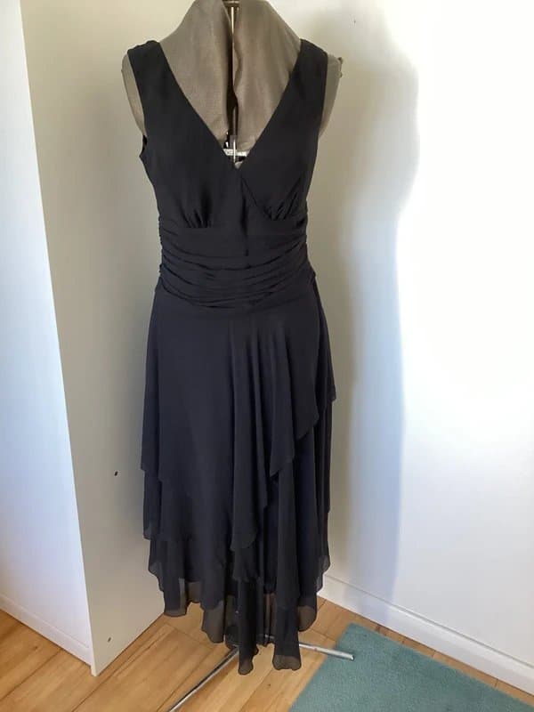 Monsoon Gorgeous Black Silk Monsoon Cocktail Dress with Handkerchief Hem Size 14
