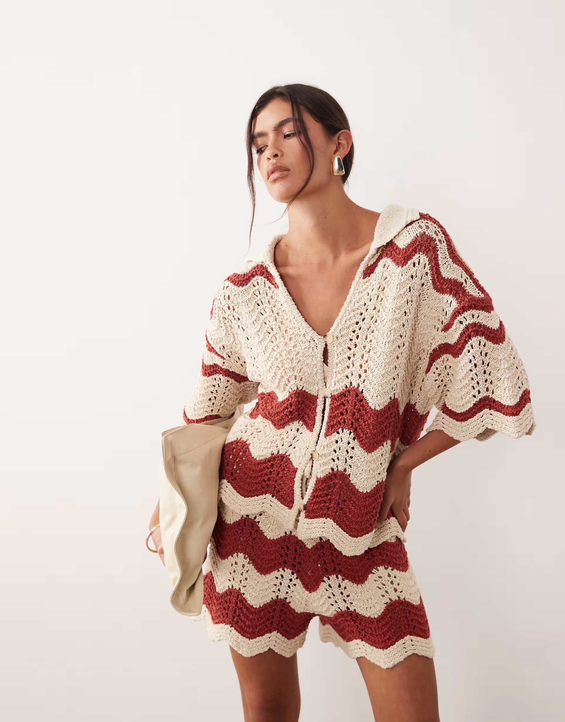 ASOS ARRANGE stripe crochet top co-ord in rust and beige