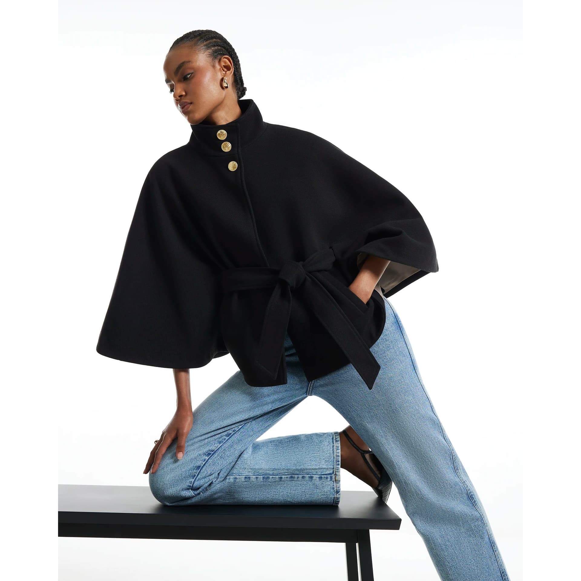 River Island River Island Womens Black Funnel Neck Belted Cape Coat
