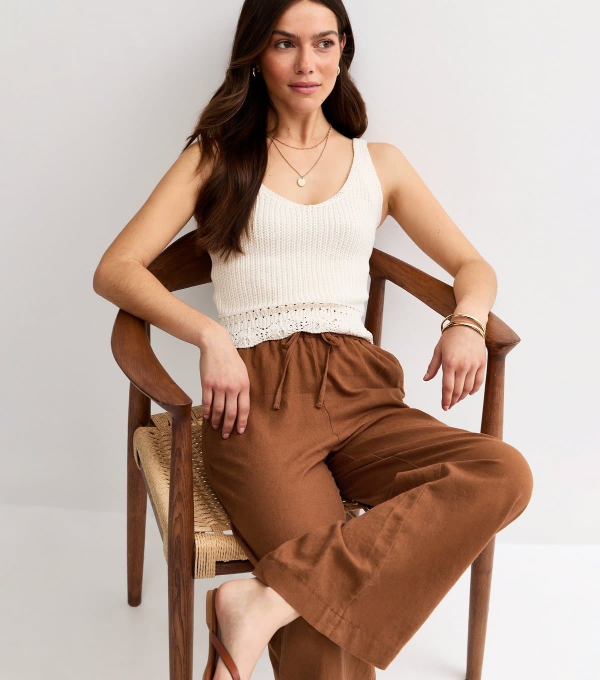 New Look Women's Petite Rust Linen Blend Wide Leg Trousers New Look