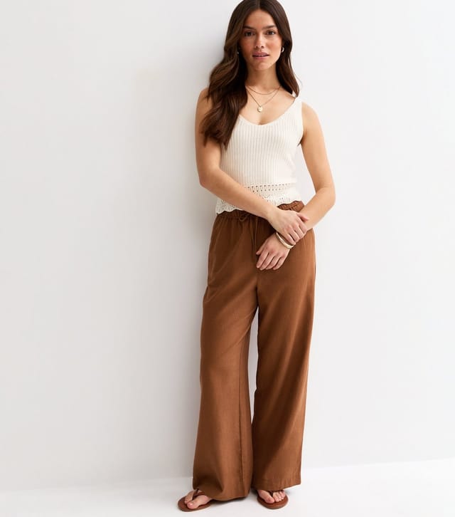 New Look Women's Petite Rust Linen Blend Wide Leg Trousers New Look - 3