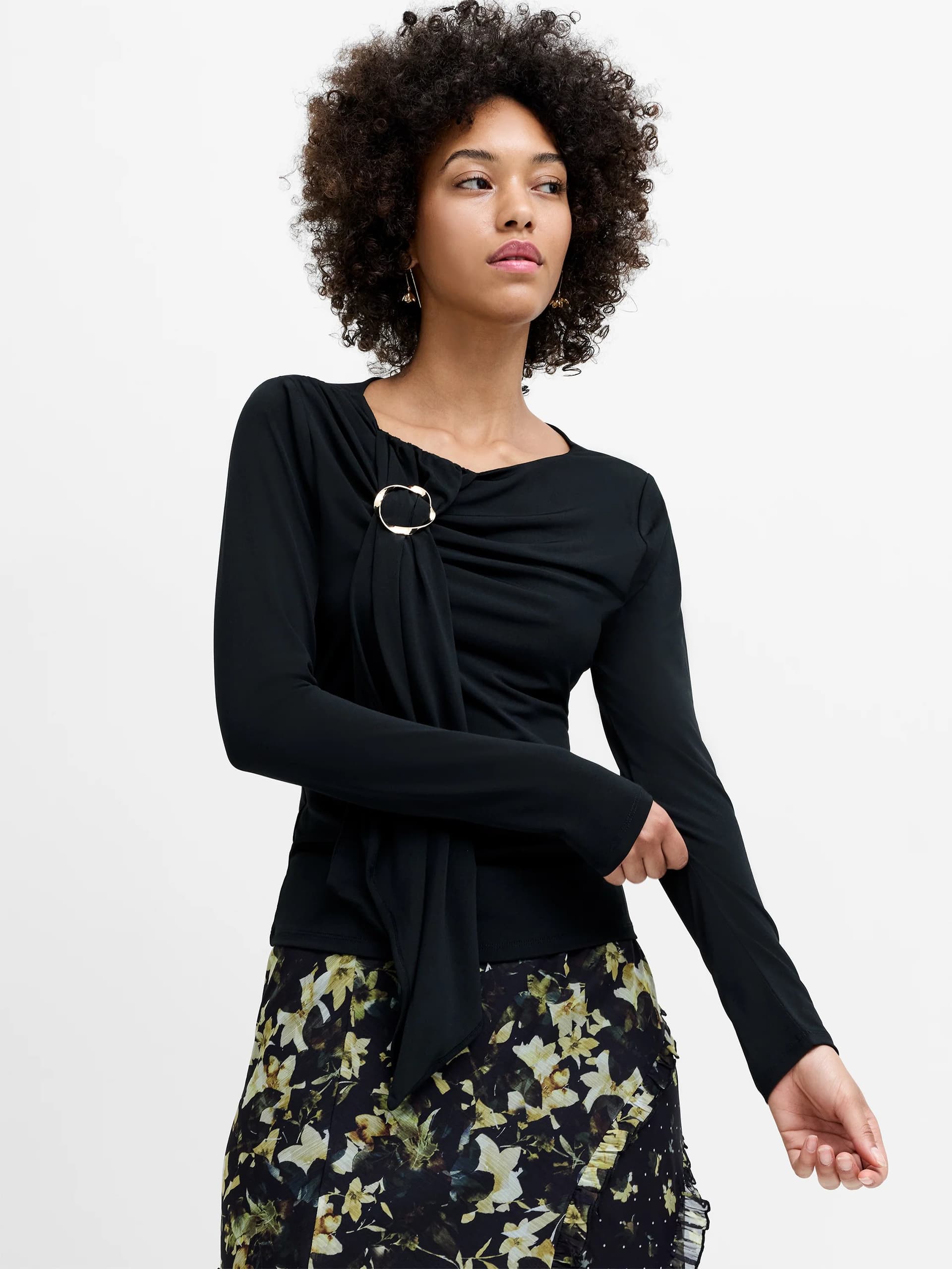 French Connection Maxine Black Draped Ring Detail Top Black