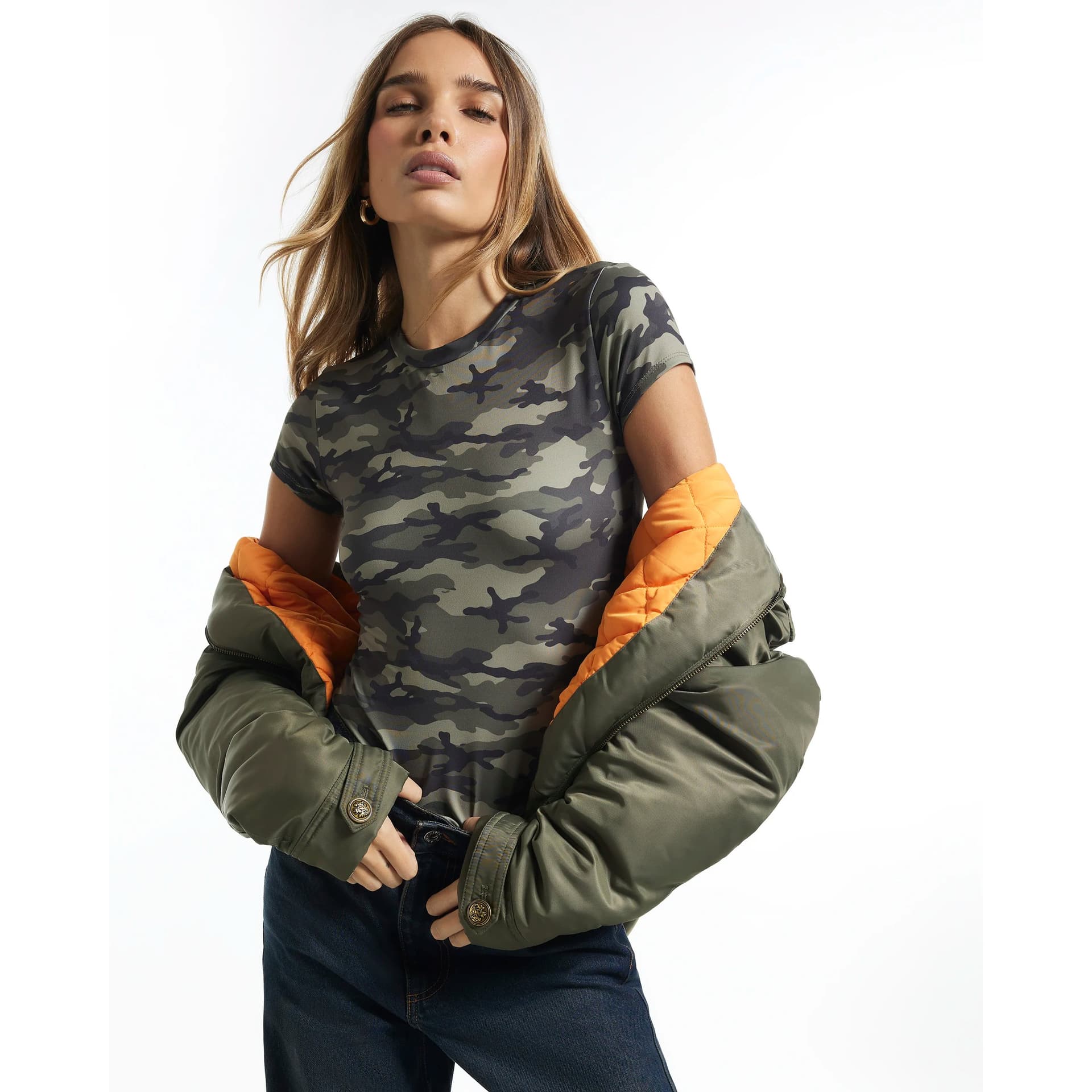 River Island River Island Womens Khaki Camo Baby Tee T-Shirt