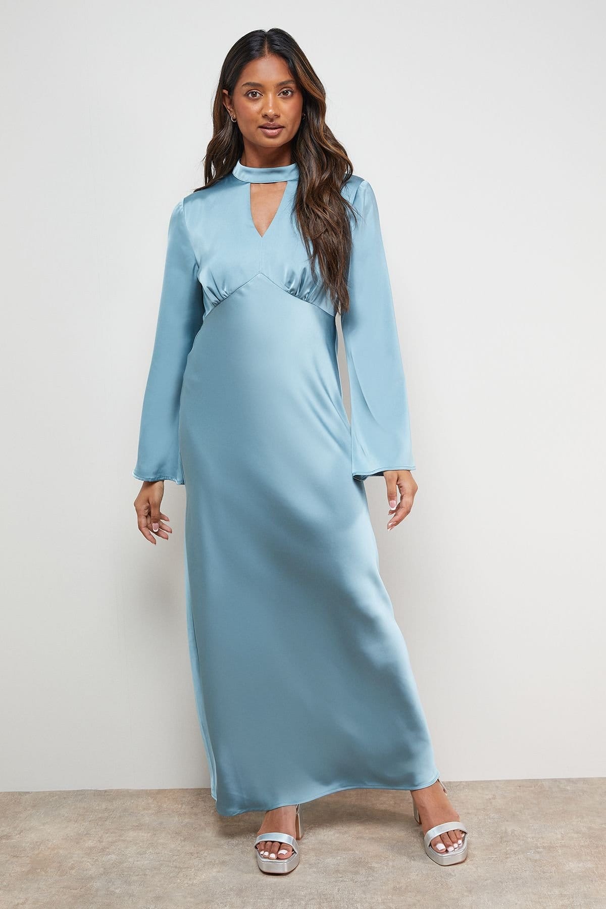 Oasis Powder Blue Satin High Neck Midi Dress