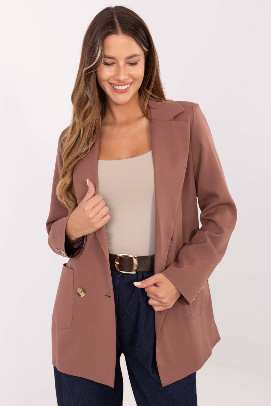 Love Lace Love Lace Women's Elegant Double Breasted Cotton Blazer with Pockets in Brown