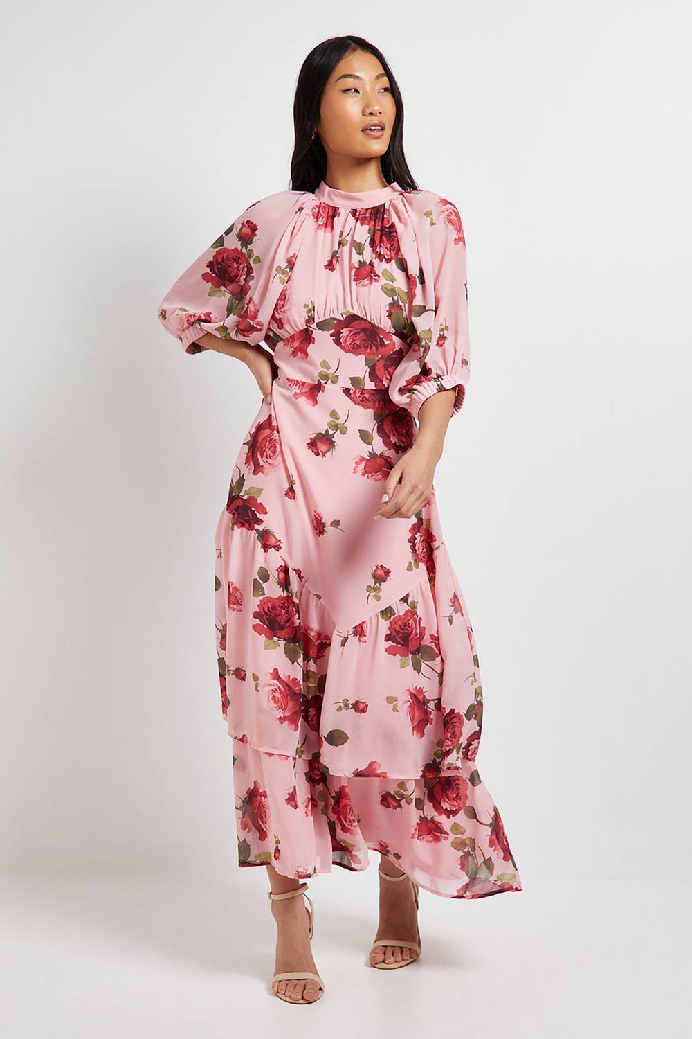 Dorothy Perkins Dorothy Perkins Women's DP Luxe Petite Printed Floral Chiffon Empire Waist Tiered Frill Maxi Dress in Pink - 2