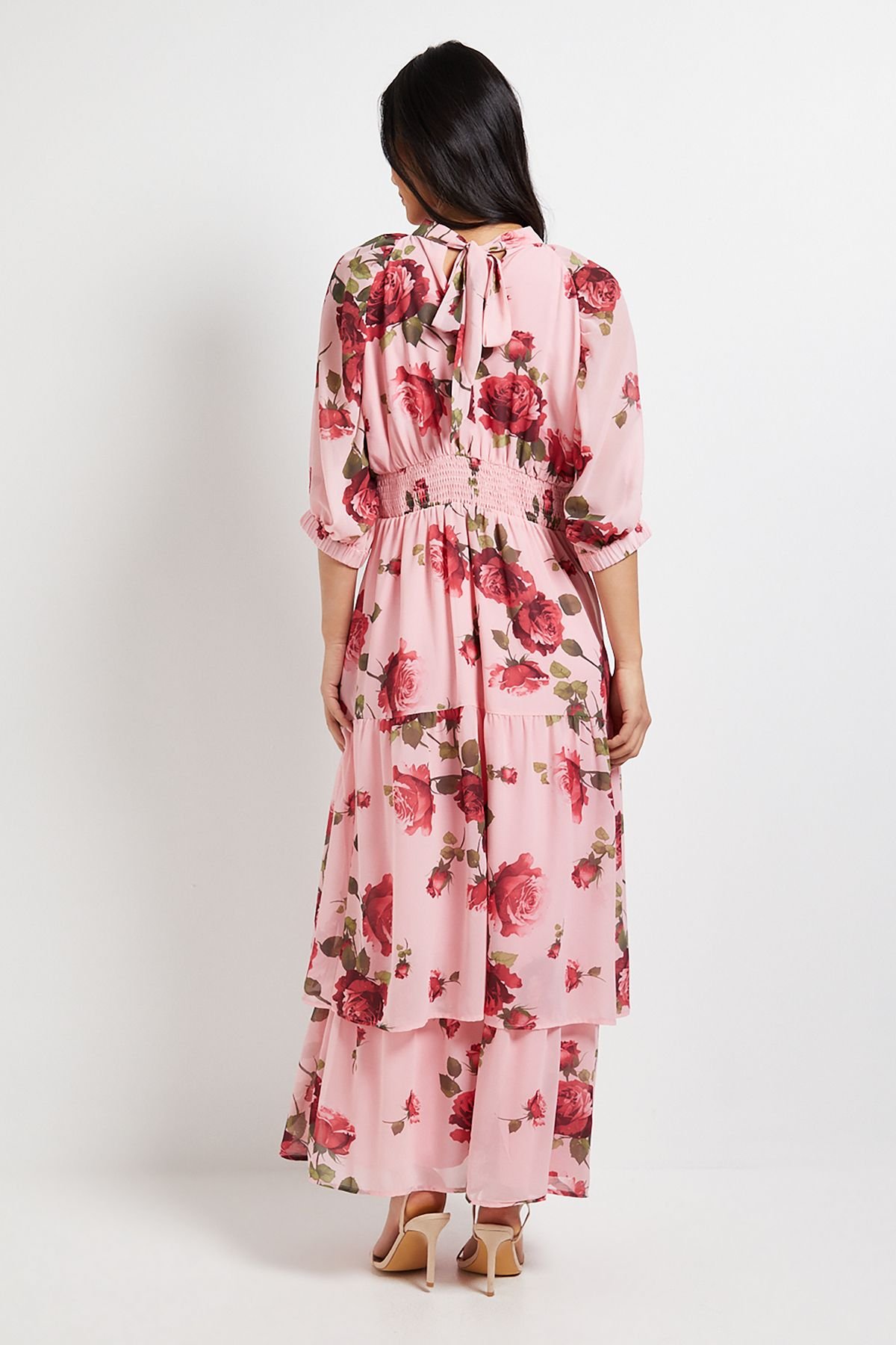 Dorothy Perkins Dorothy Perkins Women's DP Luxe Petite Printed Floral Chiffon Empire Waist Tiered Frill Maxi Dress in Pink - 3