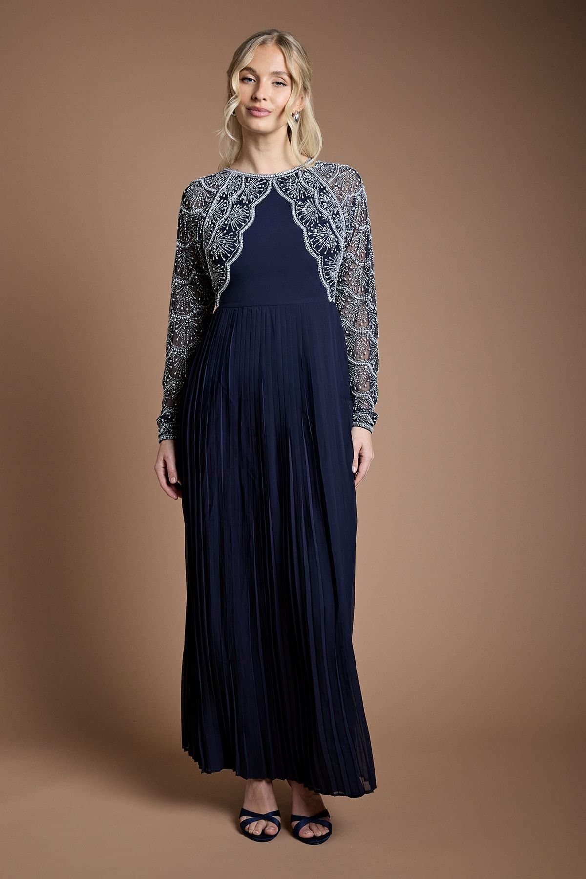 Coast Coast Women's Scallop Embellished Pleated Maxi Bridesmaid Dress in Navy