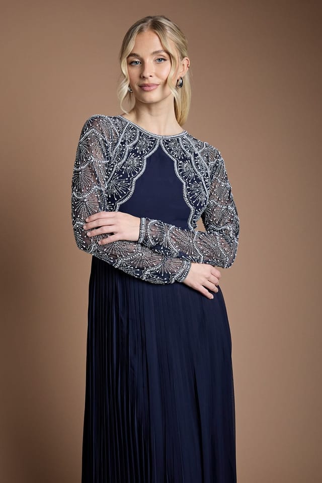 Coast Coast Women's Scallop Embellished Pleated Maxi Bridesmaid Dress in Navy - 2