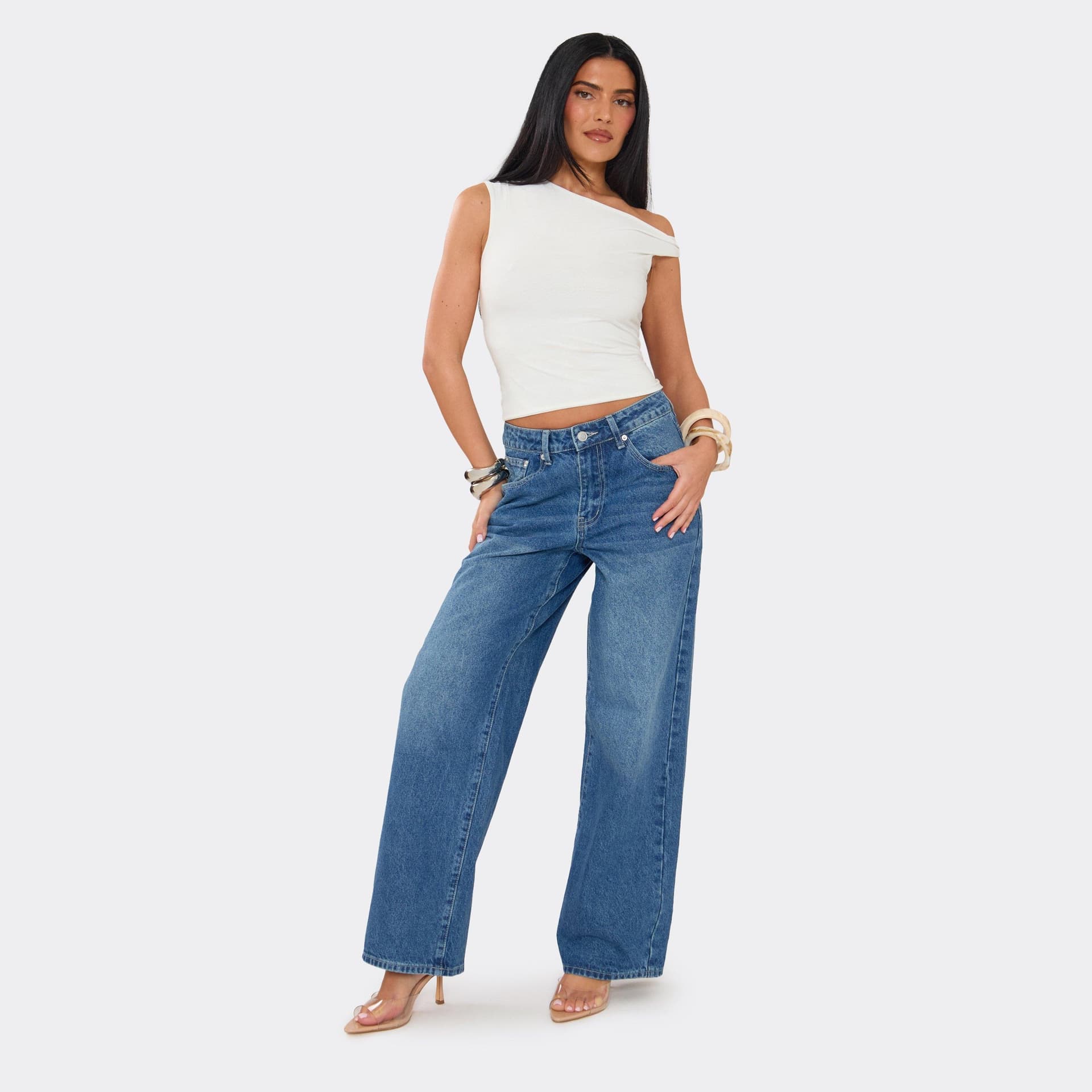 EGO Mid Rise Wide Leg Jeans In Dark Blue Denim, Women's Size UK 6