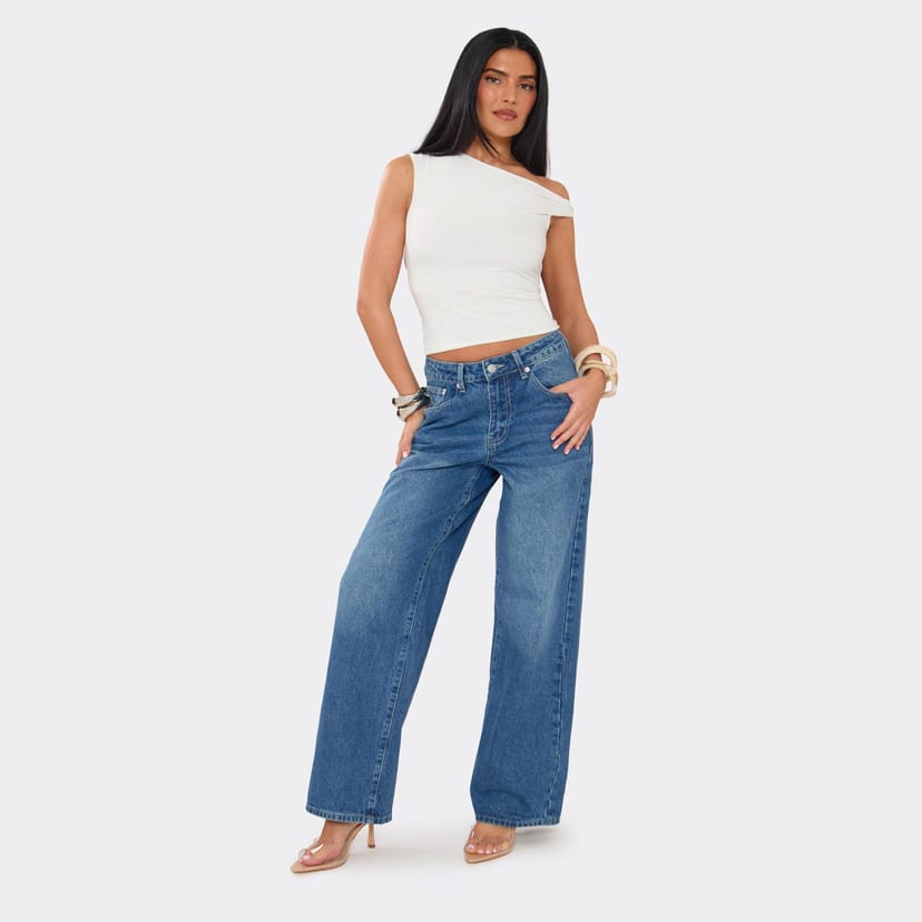 EGO Mid Rise Wide Leg Jeans In Dark Blue Denim, Women's Size UK 6 - 1