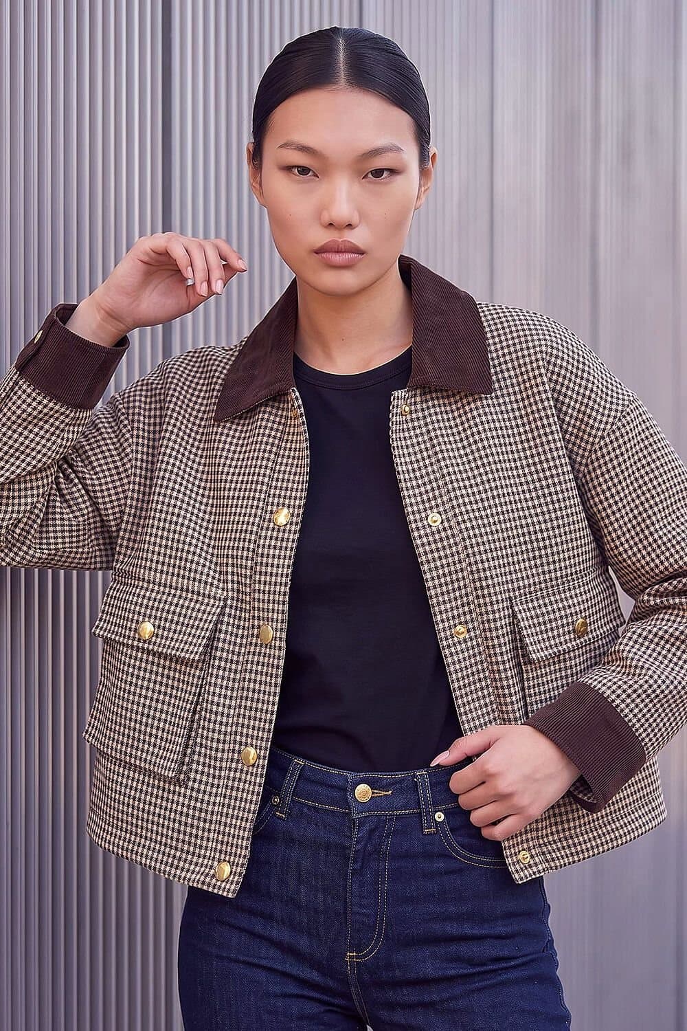 Dusk Dusk Women's Check Cord Trim Jacket in Camel