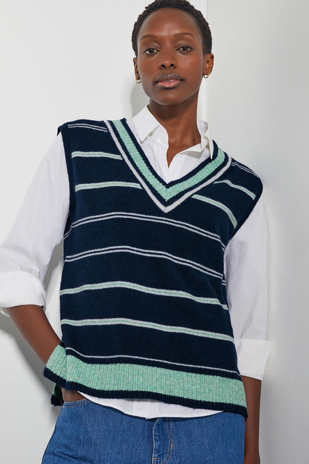 Monsoon Monsoon Women's Shauna V-Neck Stripe Knitted Vest Blue