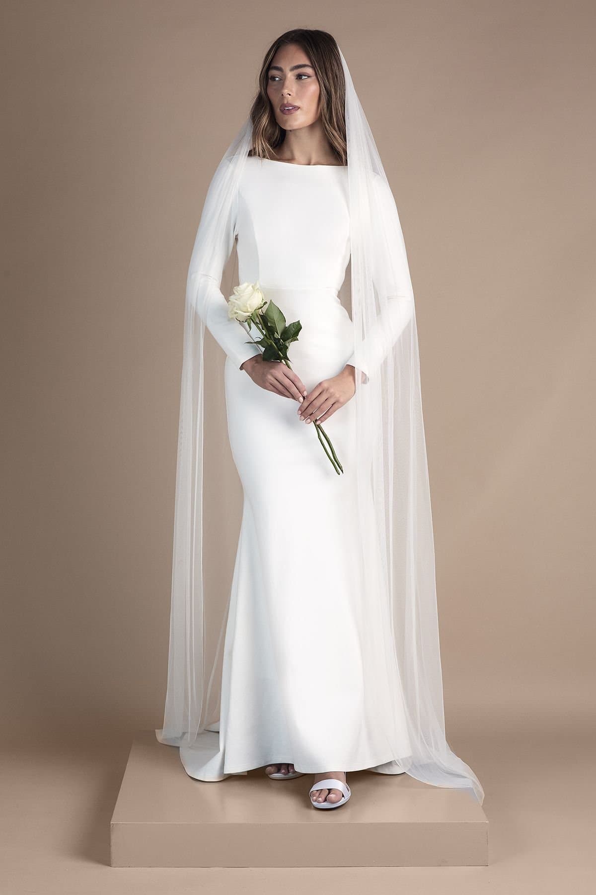 Coast Coast Women's Petite Slash Neck Puddle Wedding Dress in Ivory