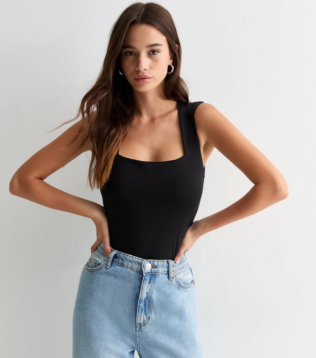 New Look Women's Black Slinky Square Neck Thong Bodysuit New Look - 3