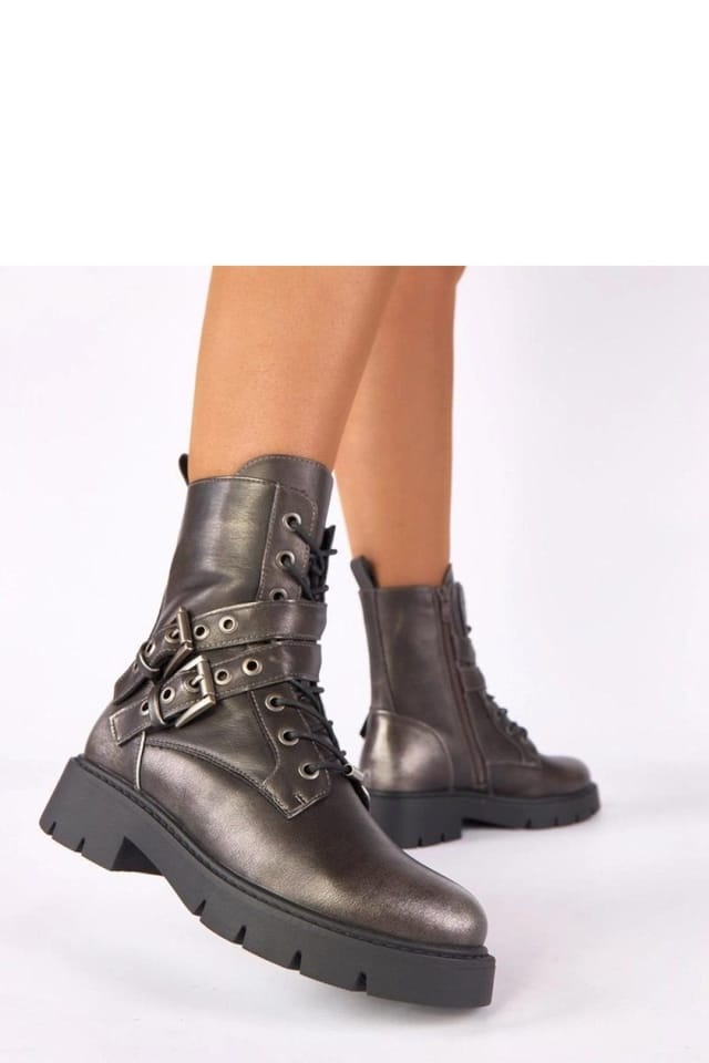Love Lace Love Lace Women's Ruthy Metallic Platform Ankle Boots with Buckle Detail Style in Grey - 3
