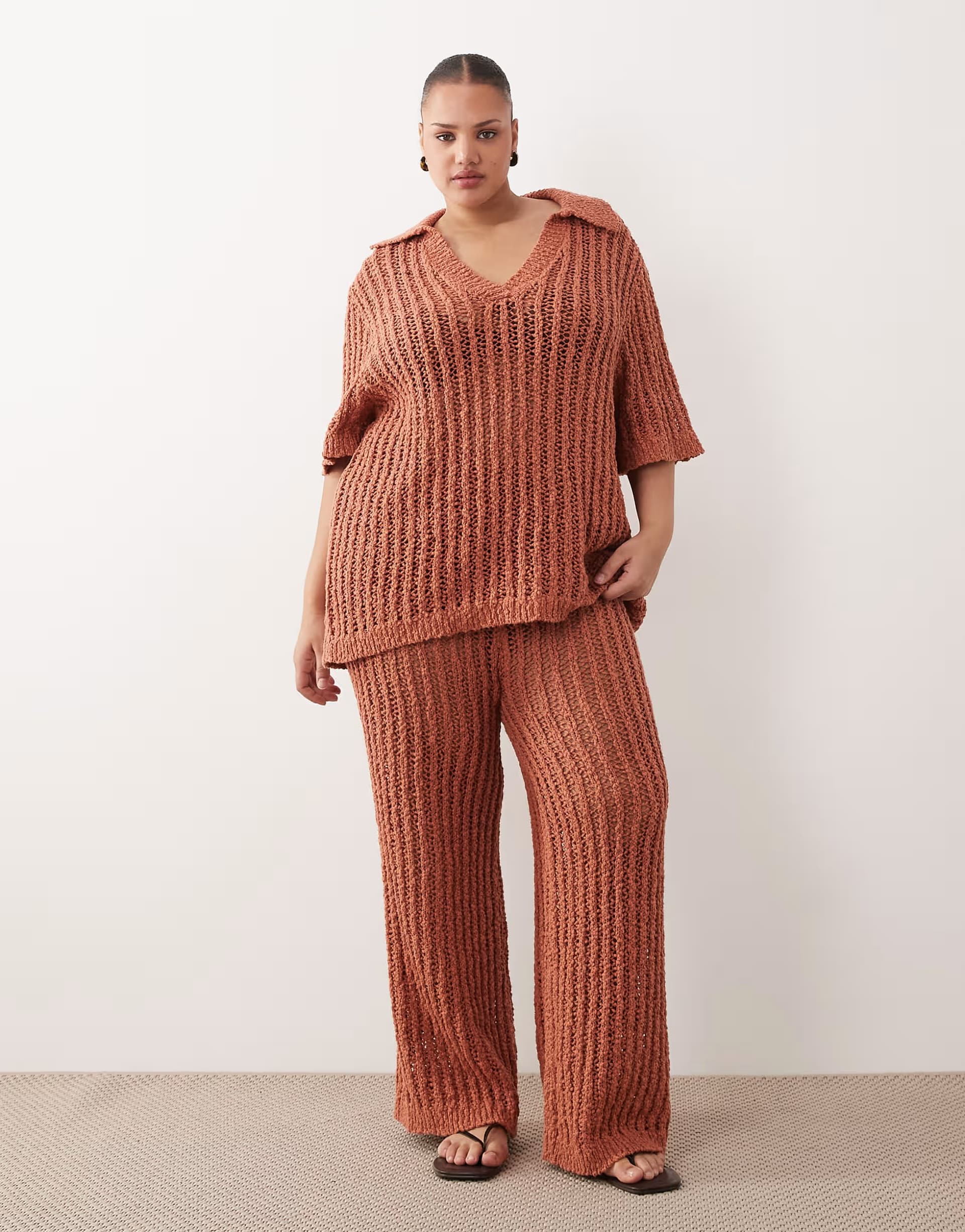 ASOS ARRANGE Curve crochet collared top and straight leg trousers co ord in terracotta