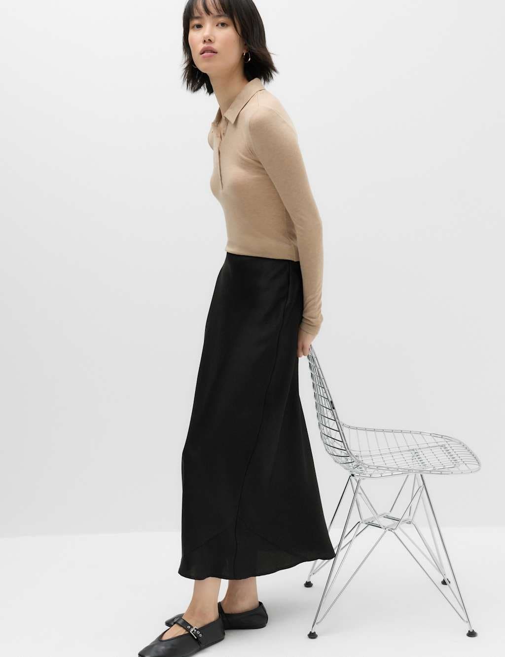Marks & Spencer M&S Satin Midi Slip Skirt Black