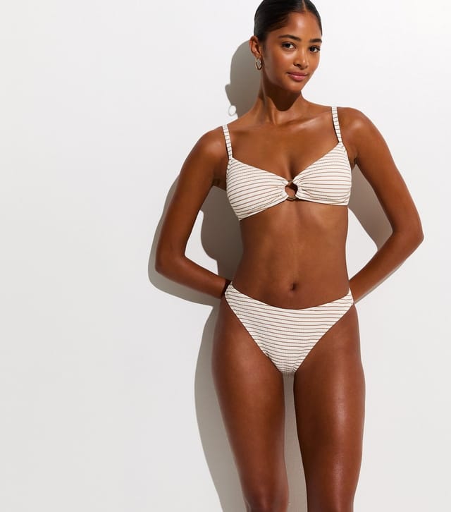 New Look Women's Brown Striped Crinkled O Ring Bikini Top New Look - 2