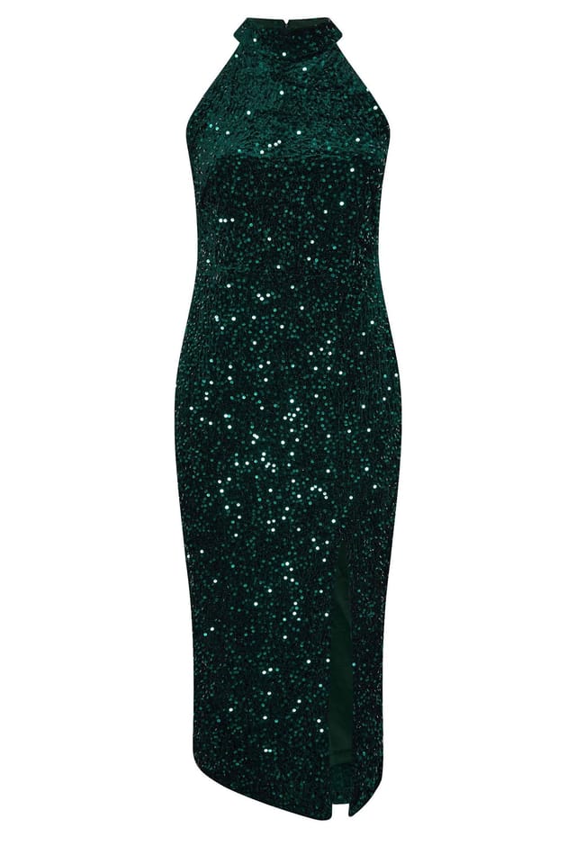 Yours Yours Women's Velvet Sequin Halterneck Maxi Dress in Green - 2
