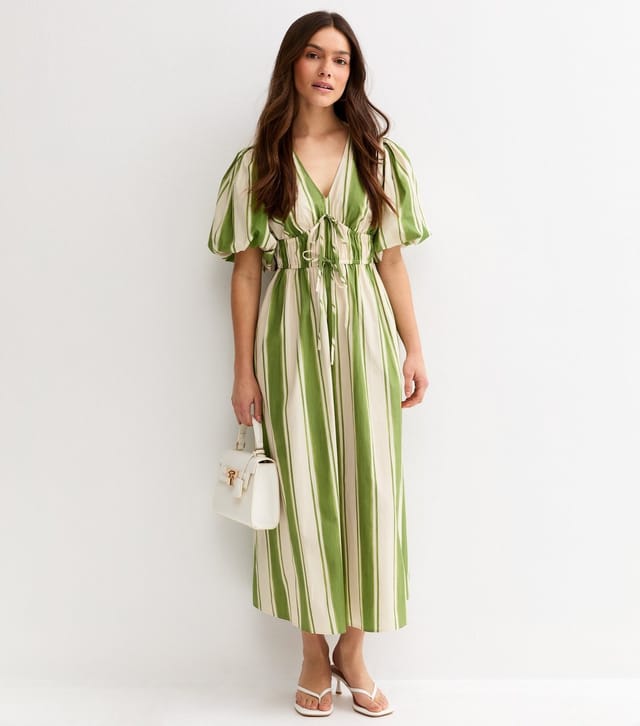 New Look Women's Petite Green Stripes Puff Sleeve Midi Dress New Look - 3