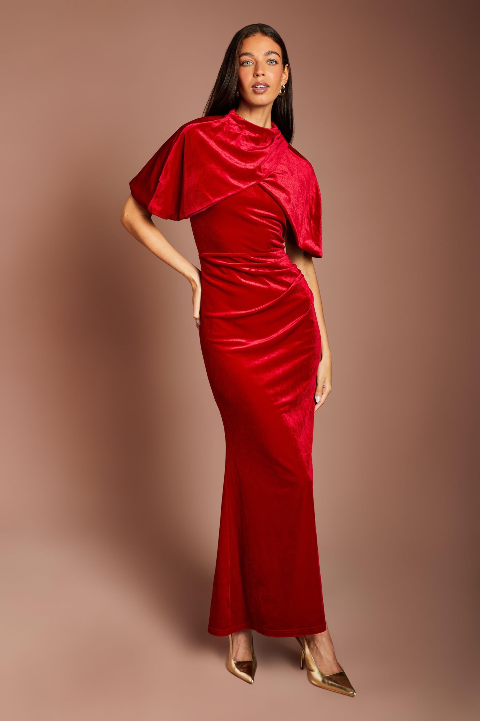 Coast Coast Women's Velvet Cape Detail Maxi Dress in Berry