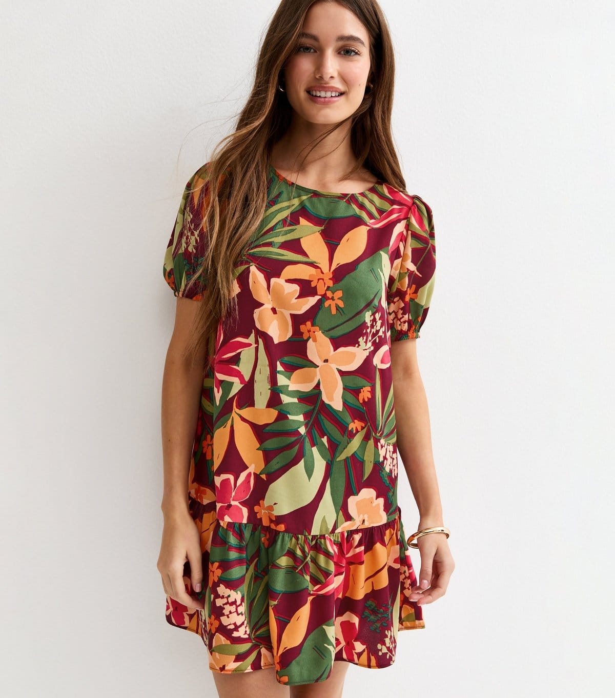 New Look Red Tropical Floral Mini Smock Dress