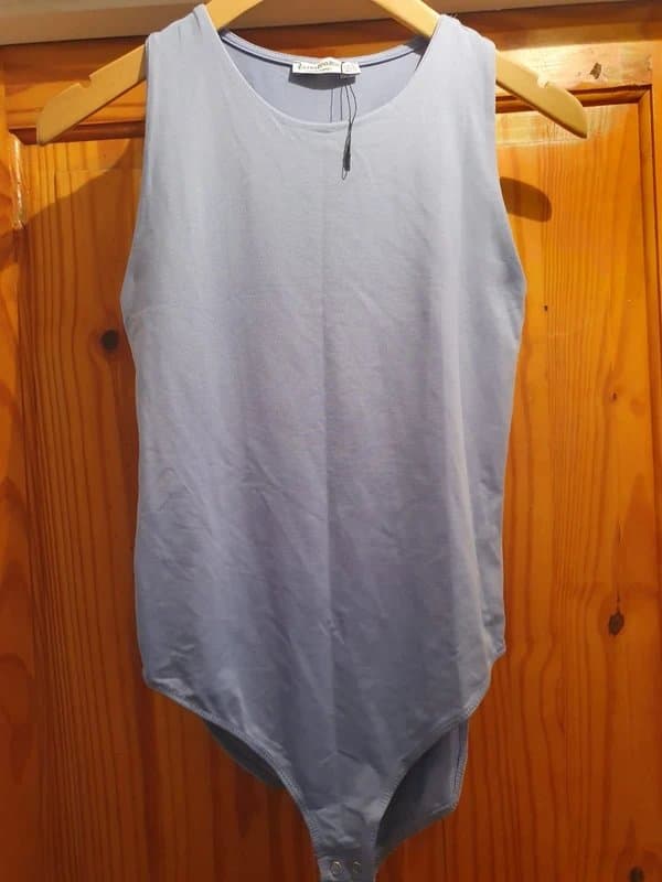 Stradivarius Stradivarius Women’s Bodysuit XL (12-14) Blue Grey Sleeveless Stretch Scoop Neck
