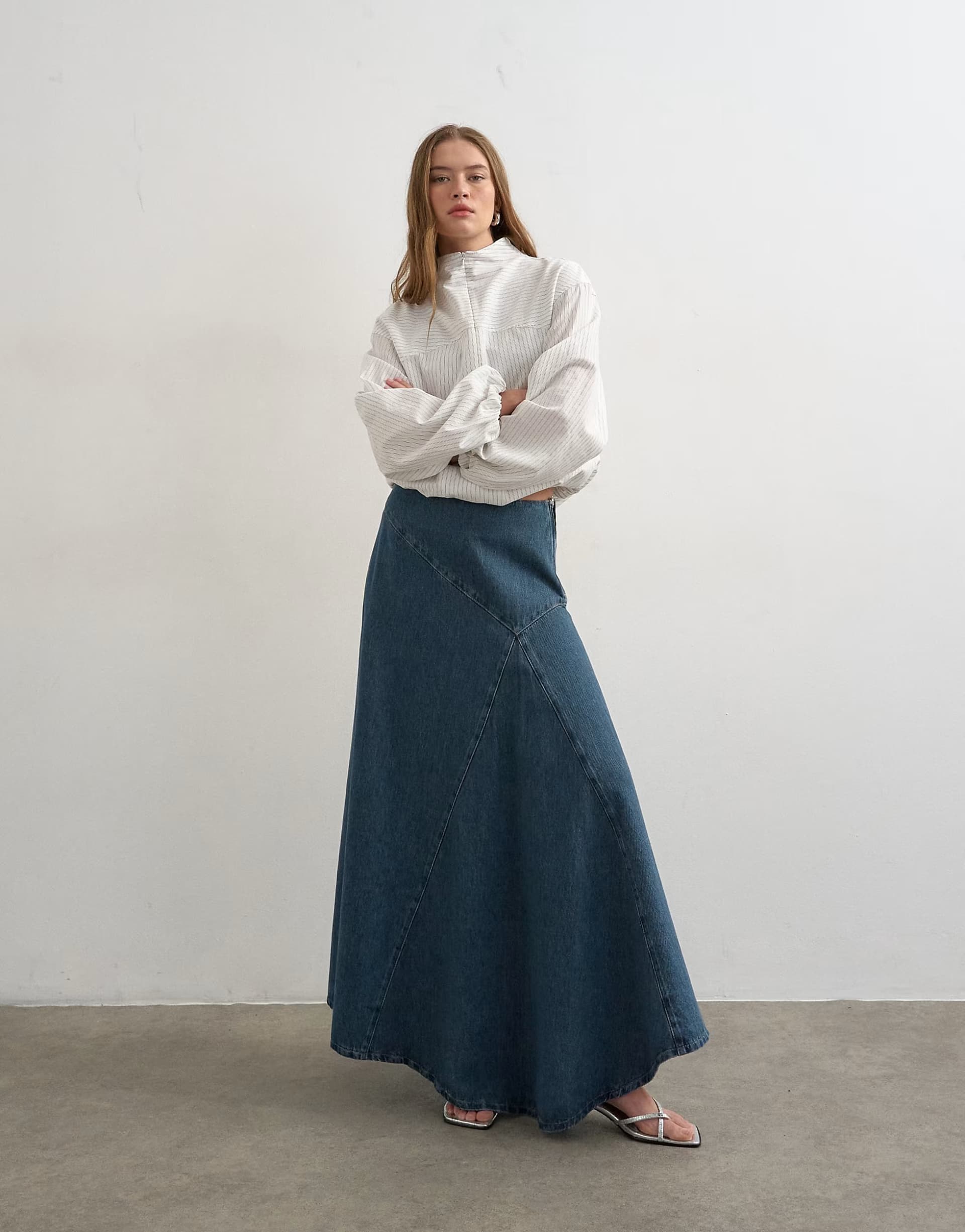 ASOS Topshop denim asymmetric dropped waist maxi skirt in blue grey