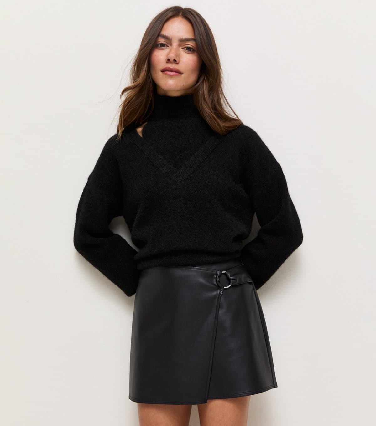 New Look Women's Petite Black Faux Leather Belted Wrap Skort New Look