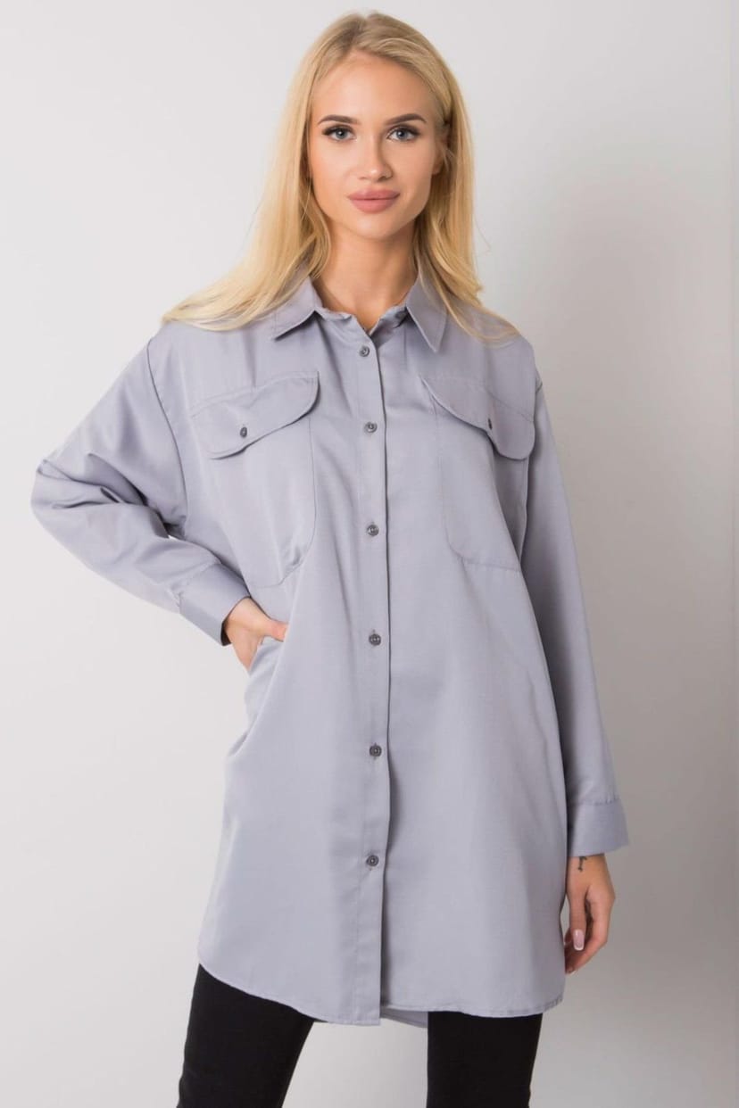 Love Lace Love Lace Women's Long Sleeve Buttoned Extended Shirt Pockets in Grey - 1