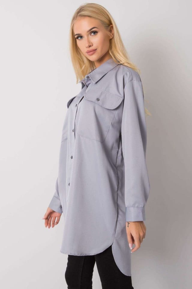Love Lace Love Lace Women's Long Sleeve Buttoned Extended Shirt Pockets in Grey - 2