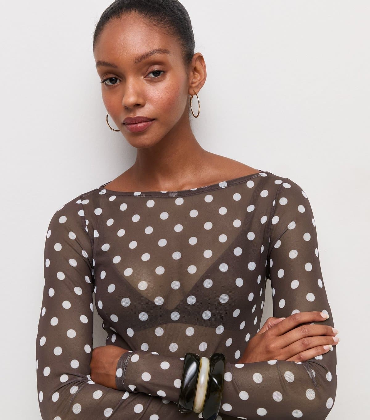 New Look Women's Brown Mesh Polka Dot Long Sleeve Top New Look