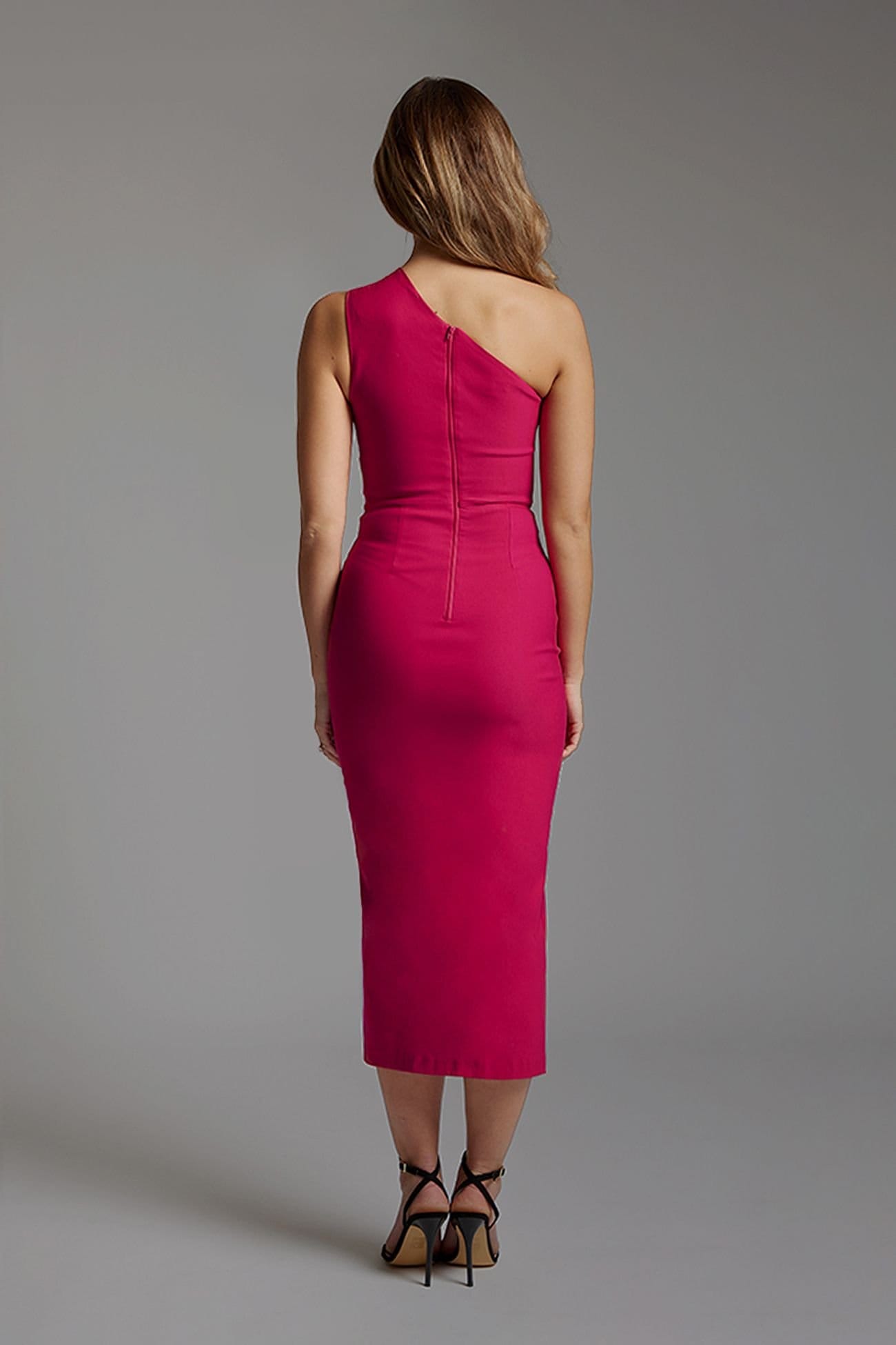Vesper Vesper Women's One Shoulder Midaxi Dress with Thigh Split in Cerise - 4