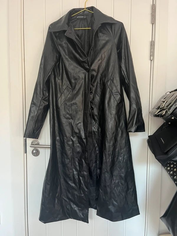 PLT Black faux leather long button up trench coat biker jacket - 1
