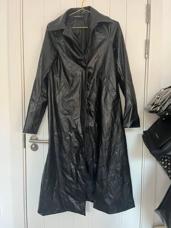 PLT Black faux leather long button up trench coat biker jacket