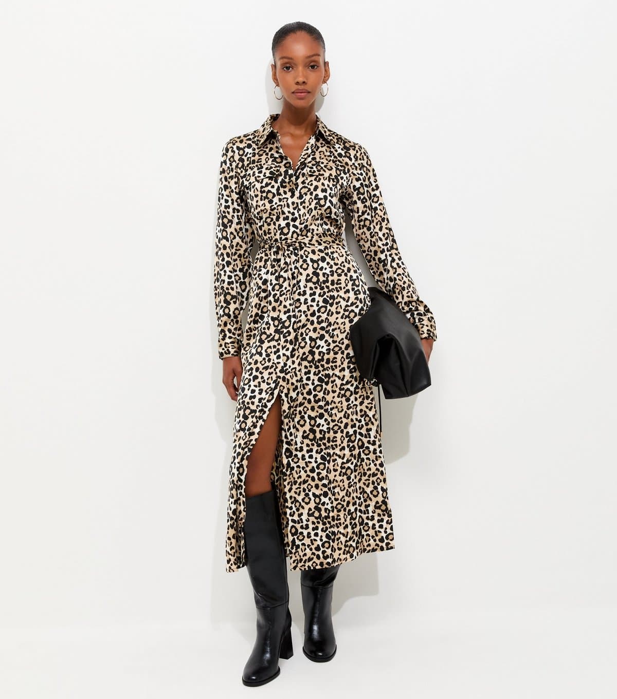 New Look Women's Brown Leopard Print Satin Midi Shirt Dress New Look
