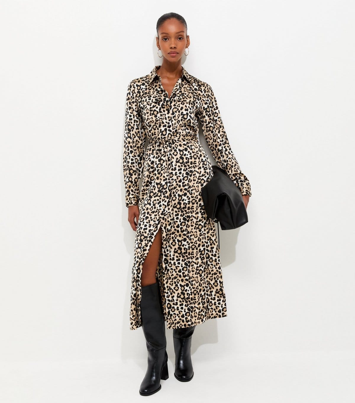 Women's Brown Leopard Print Satin Midi Shirt Dress New Look