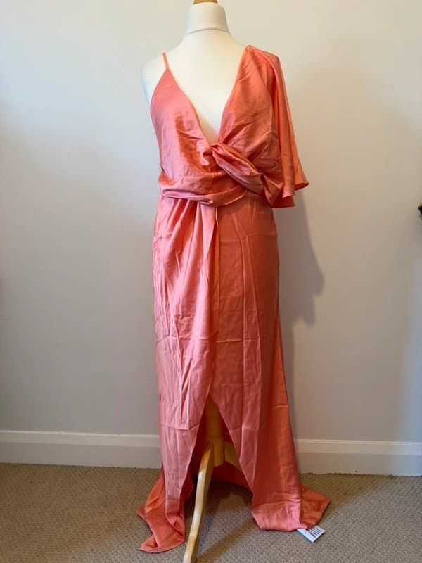 ASOS Design Stunning coral satin dress with fallen shoulder, occasion wear, new with tags - Size 10