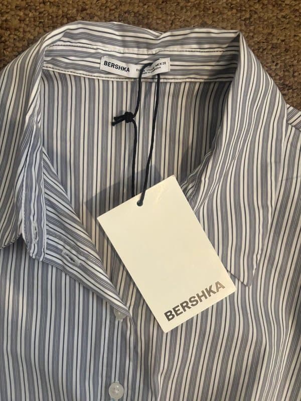 Bershka Bershka Blue & White Striped Waist-Cinching Shirt (Size M)