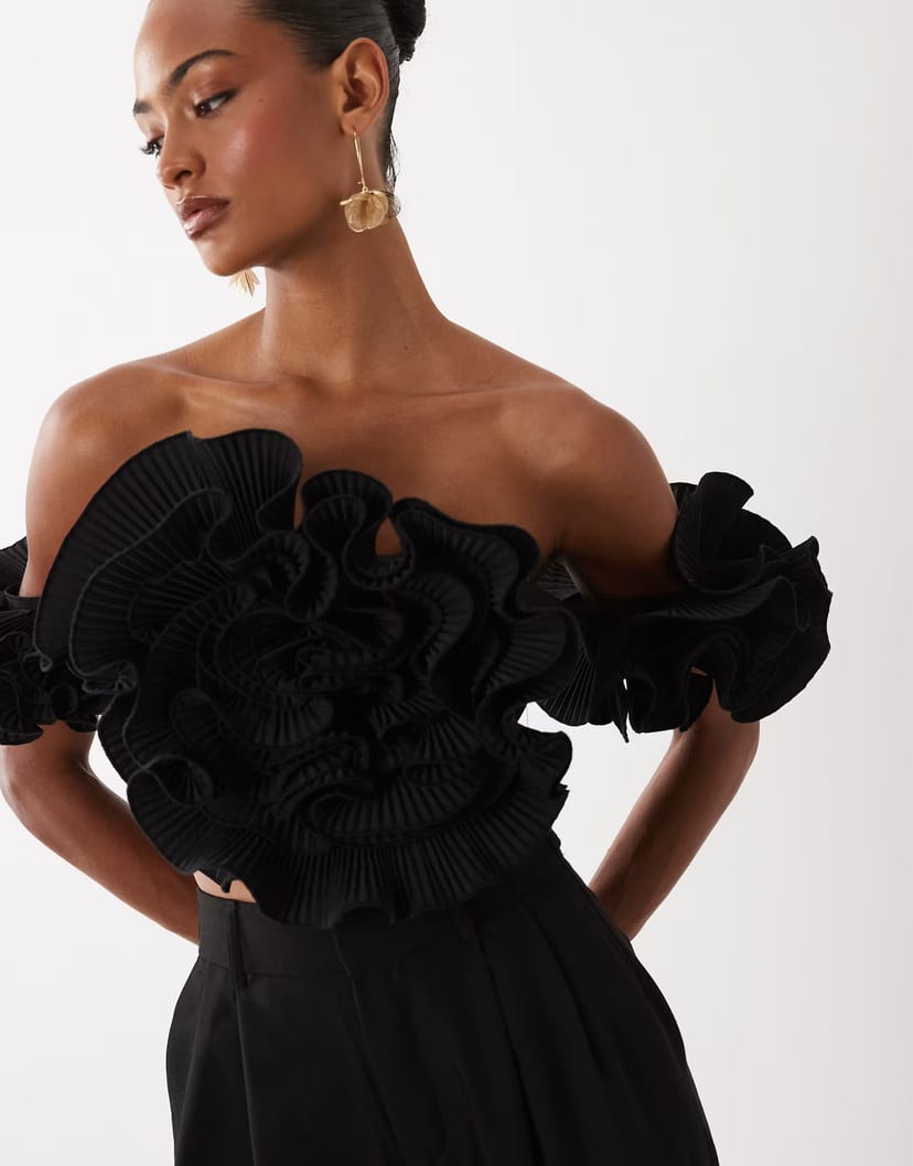 ASOS ASOS LUXE off the shoulder top with 3D flower detail in black - 1