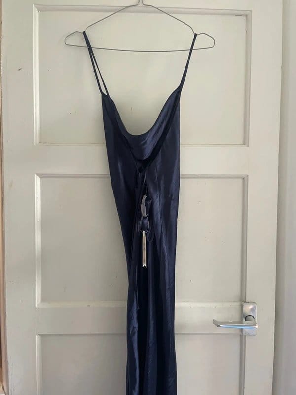 ASOS Navy Satin Maxi Dress With Split Leg And Tie-Up Back