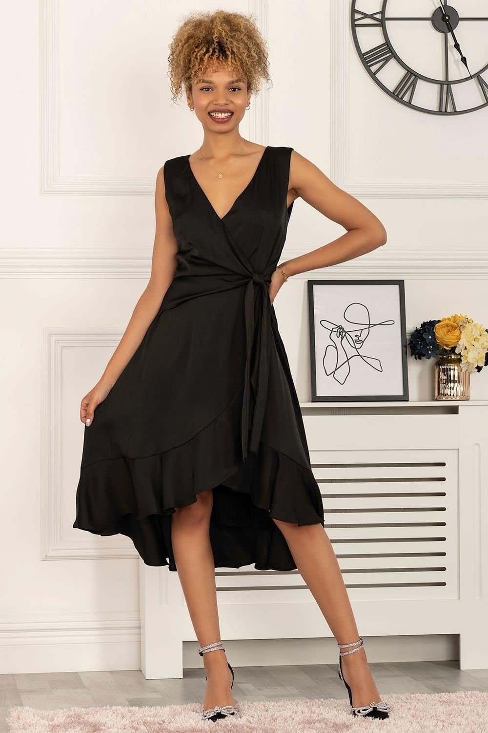 Jolie Moi Jolie Moi Women's Sherlyn Wrap Flounce Hem Dress in Black